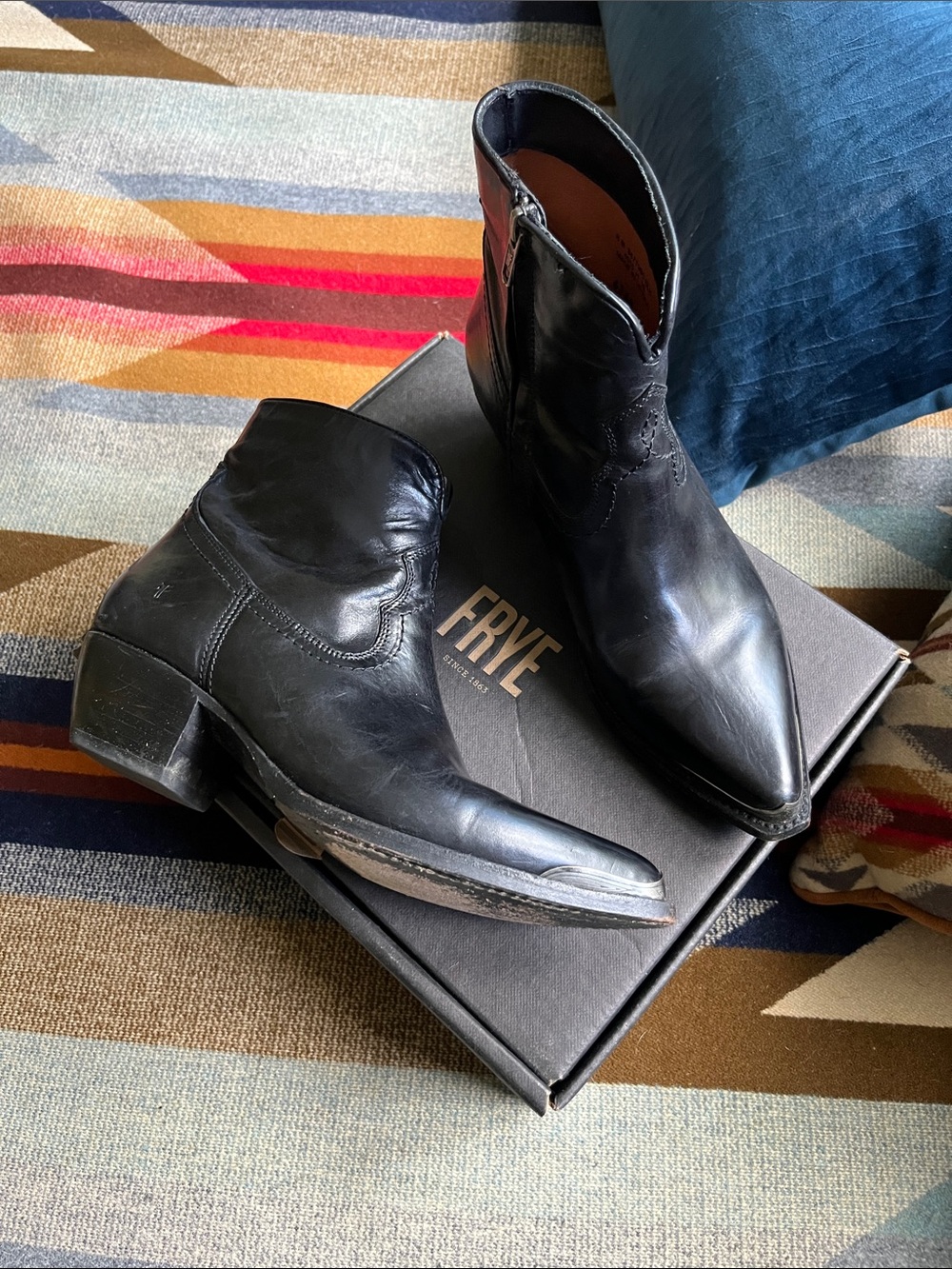 Frye Black Leather Pointed Western Ankle Boots